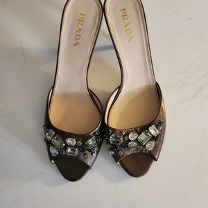 PRADA Jeweled Peep Toe Copper Mules